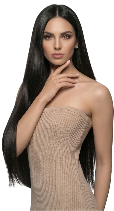 Premium hair extensions Dubai — model with long dark hair
