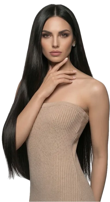 Premium hair extensions Dubai — model with long dark hair